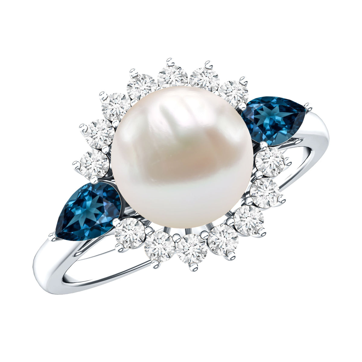 Elegant 8mm freshwater cultured pearl engagement ring featuring a blue topaz by Rosec Jewels, showcasing intricate design and gemstone details.