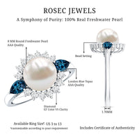 8mm freshwater cultured pearl engagement ring with blue topaz from Rosec Jewels, featuring a elegant and detailed ring design.