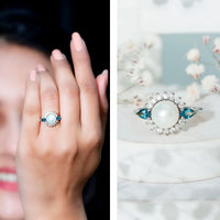 8mm freshwater cultured pearl and blue topaz engagement ring by Rosec Jewels, featuring a elegant design and gemstone accents.