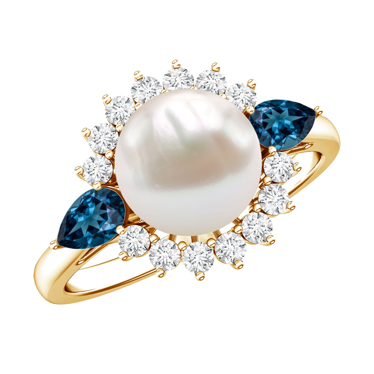 Rosec Jewels 8mm freshwater cultured pearl and blue topaz engagement ring showing the elegant pearl centerpiece and sparkling gemstone accents.