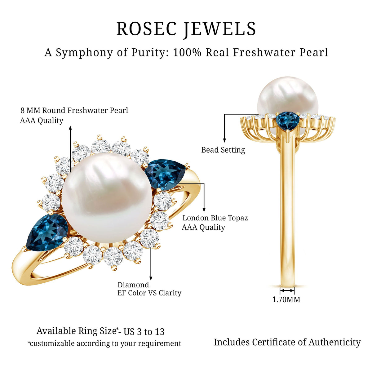 Rosec Jewels 8mm freshwater cultured pearl and blue topaz engagement ring with elegant design and sparkling gemstone accents.