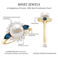 Rosec Jewels 8mm freshwater cultured pearl and blue topaz engagement ring with elegant design and sparkling gemstone accents.
