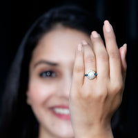 8mm freshwater cultured pearl and blue topaz engagement ring from Rosec Jewels, showcasing elegant design and sparkling gemstones.