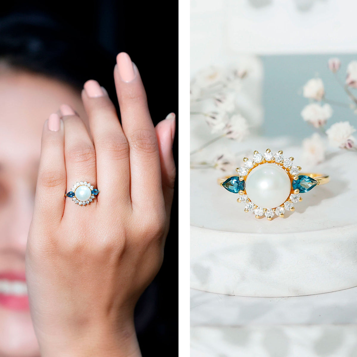 Elegant 8mm freshwater cultured pearl and blue topaz engagement ring by Rosec Jewels, showcasing a polished silver band with detailed design.