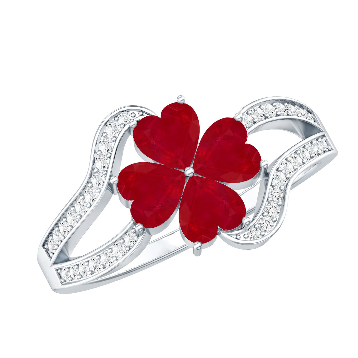 Rosec Jewels real ruby flower engagement ring with diamond split shank, featuring a vibrant red ruby and sparkling diamonds on the band.