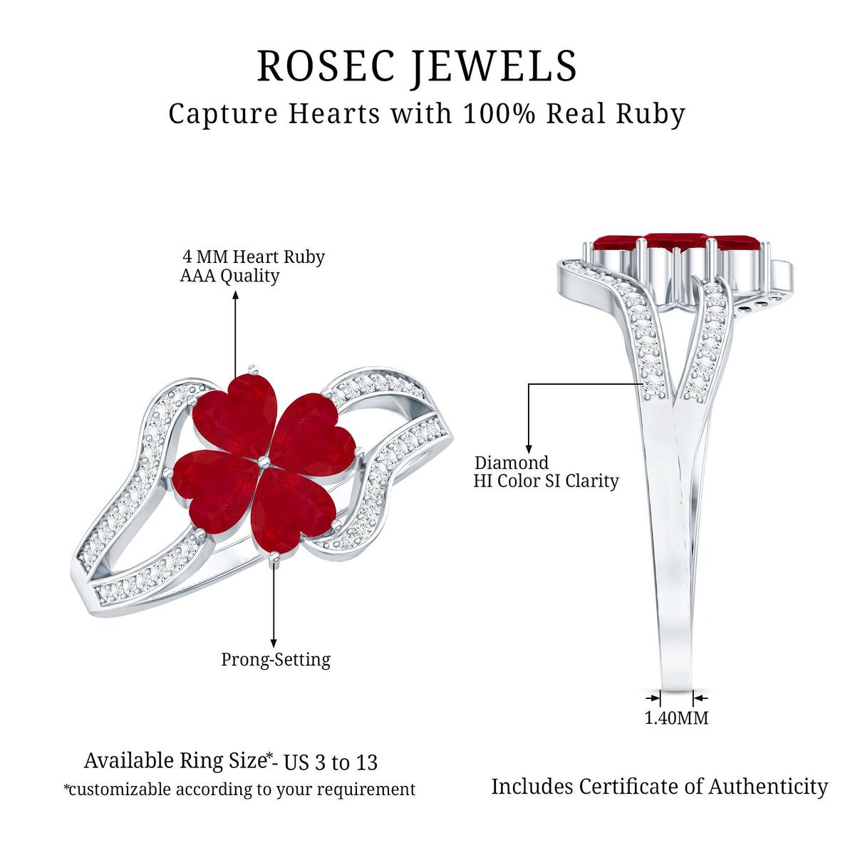 Real ruby flower engagement ring with diamond split shank by Rosec Jewels, featuring a vibrant ruby flower and sparkling diamond accents.