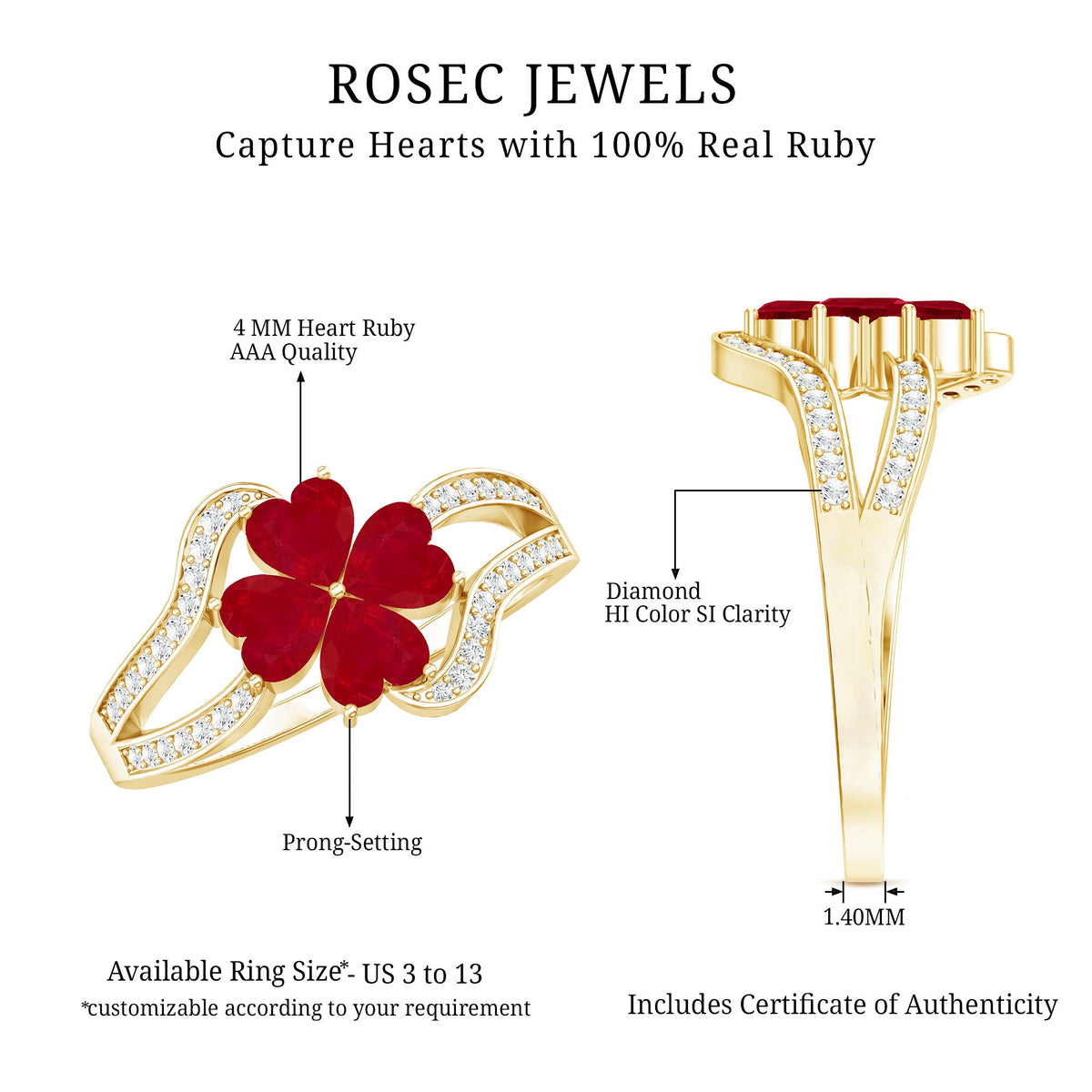Elegant engagement ring featuring a real ruby flower design with diamond accents on a split shank band by Rosec Jewels.