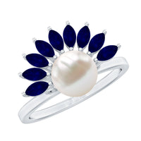 Cultured 3 Carat Freshwater Pearl Engagement Ring with Blue Sapphire