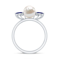 Cultured 3 Carat Freshwater Pearl Engagement Ring with Blue Sapphire