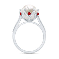 Designer 8 Carat Freshwater Pearl Engagement Ring with Ruby and Moissanite