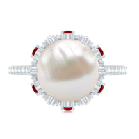 Designer 8 Carat Freshwater Pearl Engagement Ring with Ruby and Moissanite