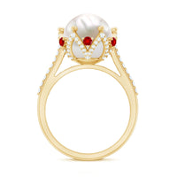 Designer 8 Carat Freshwater Pearl Engagement Ring with Ruby and Moissanite