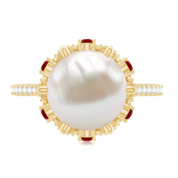 Designer 8 Carat Freshwater Pearl Engagement Ring with Ruby and Moissanite
