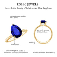 Certified 3 Carat Lab Grown Blue Sapphire Pear Shaped Engagement Ring