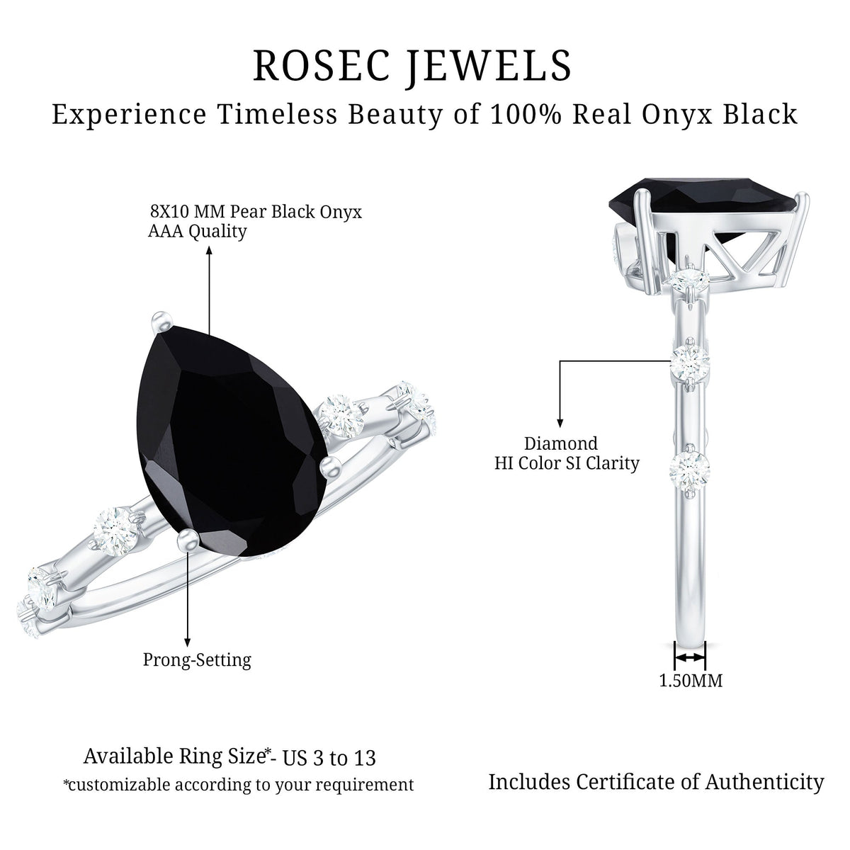 Pear Shape Black Onyx Solitaire Engagement Ring with Diamond