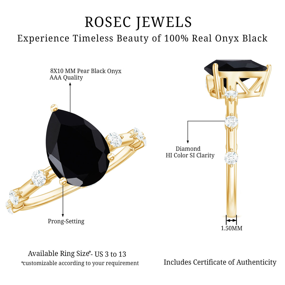 Pear Shape Black Onyx Solitaire Engagement Ring with Diamond
