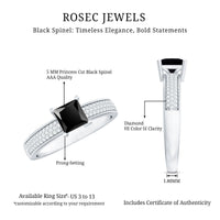 Princess Cut Black Spinel Engagement Ring with Diamond Side Stones
