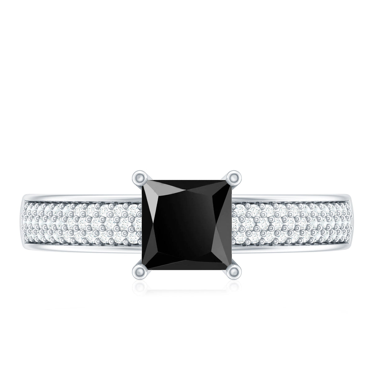 Princess Cut Black Spinel Engagement Ring with Diamond Side Stones