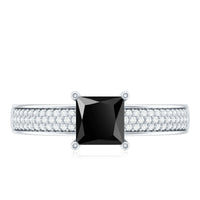 Princess Cut Black Spinel Engagement Ring with Diamond Side Stones