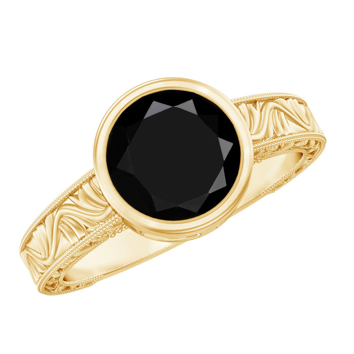 Vintage style 2 carat lab-grown black diamond bezel set engagement ring from Rosec Jewels, featuring a sleek, elegant design.