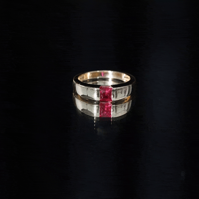 Yellow gold princess cut 1.5 carat lab-grown ruby solitaire band ring with certificate from Rosec Jewels.