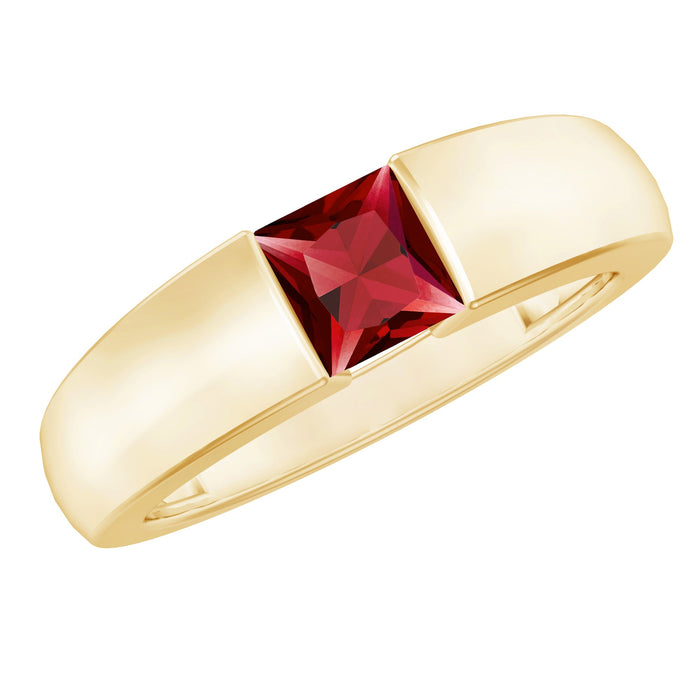Rosec Jewels princess cut 1.5 carat lab-grown ruby solitaire band ring with certificate, shown close-up of the elegant ring design.