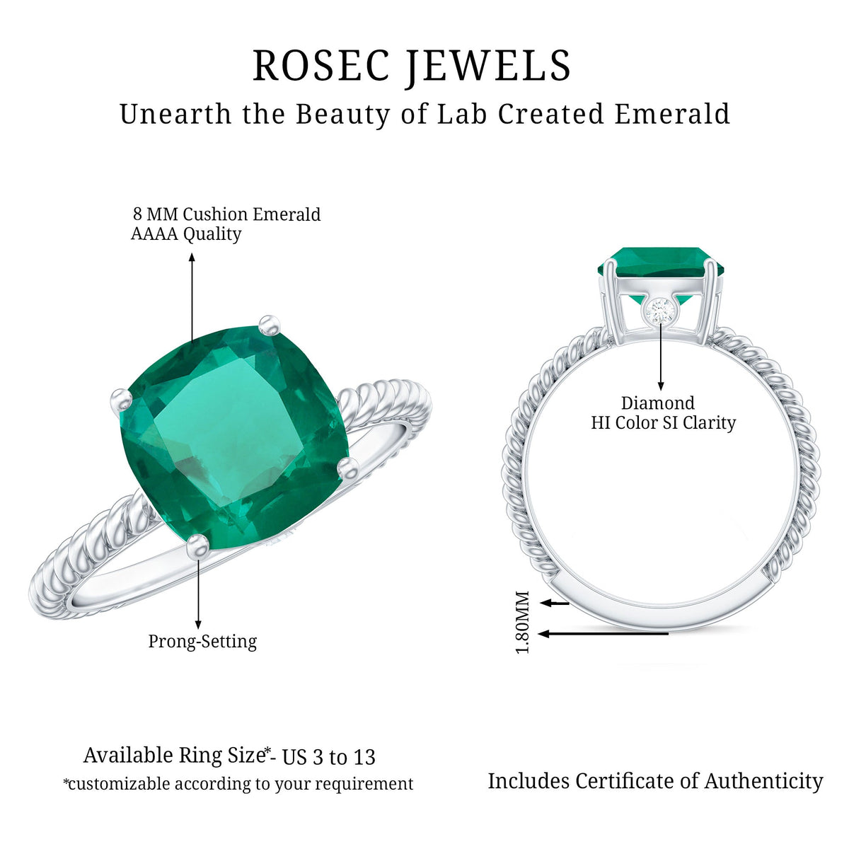 Certified 8 mm Cushion Cut Lab Grown Emerald Ring for Engagement