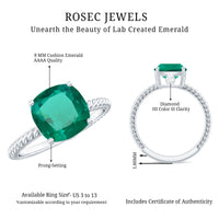 Certified 8 mm Cushion Cut Lab Grown Emerald Ring for Engagement