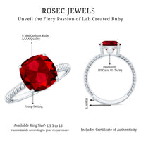 Certified 2 Carat Lab Grown Ruby Cushion Cut Engagement Ring with Surprise Diamond