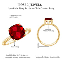 Certified 2 Carat Lab Grown Ruby Cushion Cut Engagement Ring with Surprise Diamond