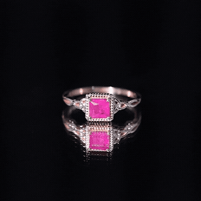 Natural 0.8 carat princess cut ruby promise ring with Celtic knot design by Rosec Jewels, featuring yellow gold band.