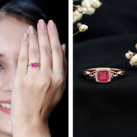 Natural 0.8 carat princess cut ruby promise ring with Celtic knot design by Rosec Jewels, featuring a striking red gemstone and intricate band.