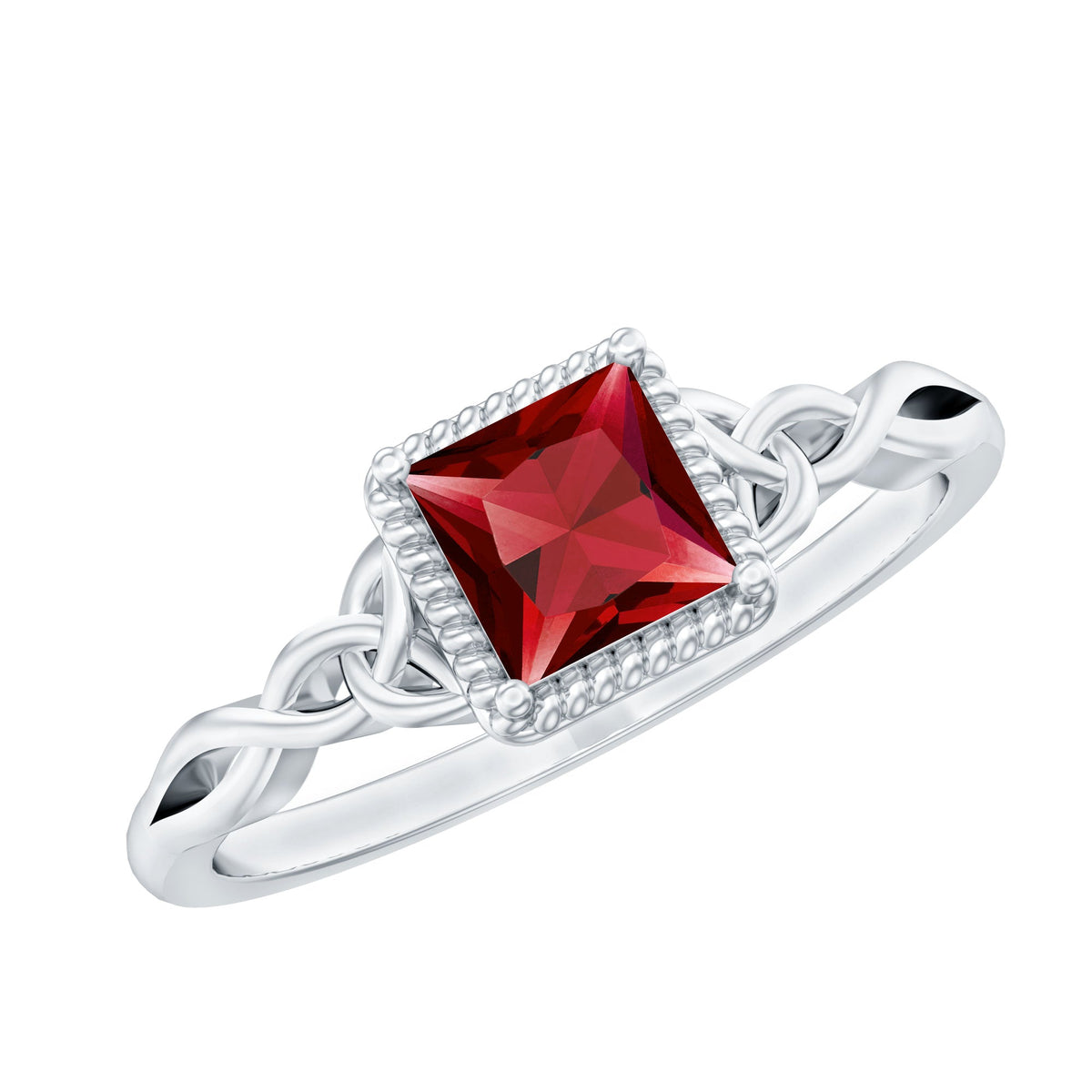 Natural 0.8 carat princess cut ruby promise ring with Celtic knot design, crafted by Rosec Jewels.