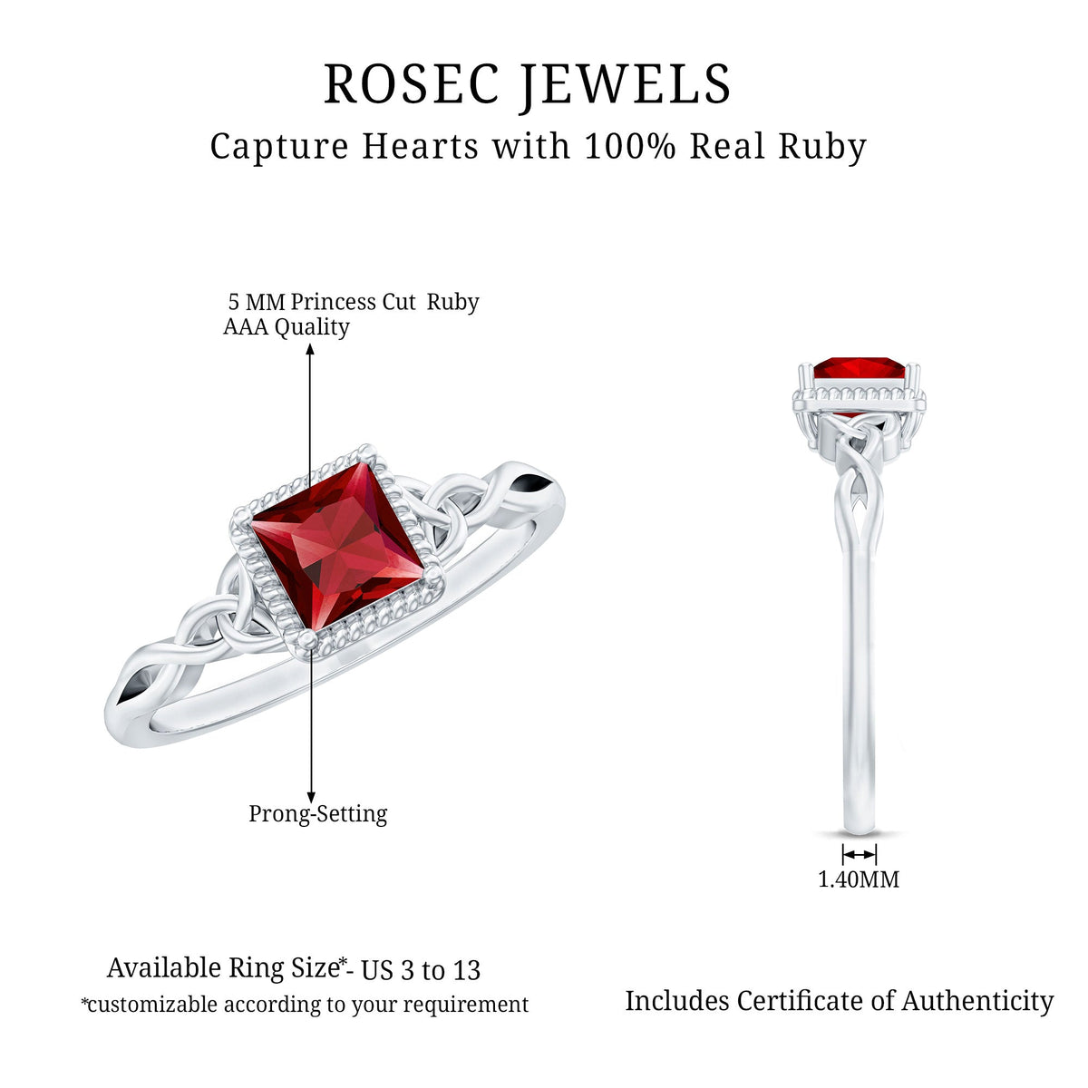 Natural 0.8 carat princess cut ruby promise ring with Celtic knot design by Rosec Jewels, showcasing the detailed craftsmanship.