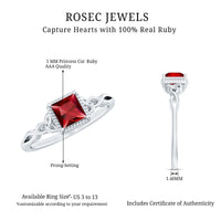 Natural 0.8 carat princess cut ruby promise ring with Celtic knot design by Rosec Jewels, showcasing the detailed craftsmanship.
