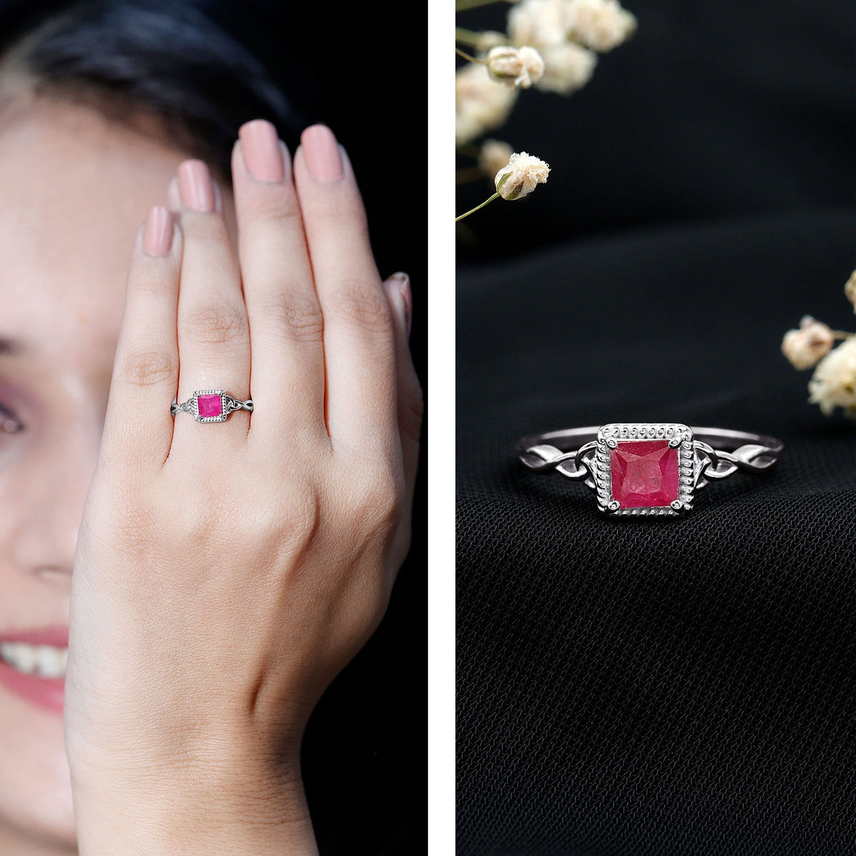 Natural 0.8 carat princess cut ruby promise ring with Celtic knot design, featuring Rosec Jewels' elegant craftsmanship.