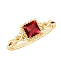 Yellow gold princess cut ruby promise ring with Celtic knot design by Rosec Jewels, showcasing a 0.8 carat gemstone.