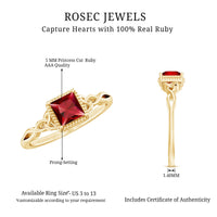 Natural 0.8 carat princess cut ruby promise ring with Celtic knot design, crafted by Rosec Jewels.