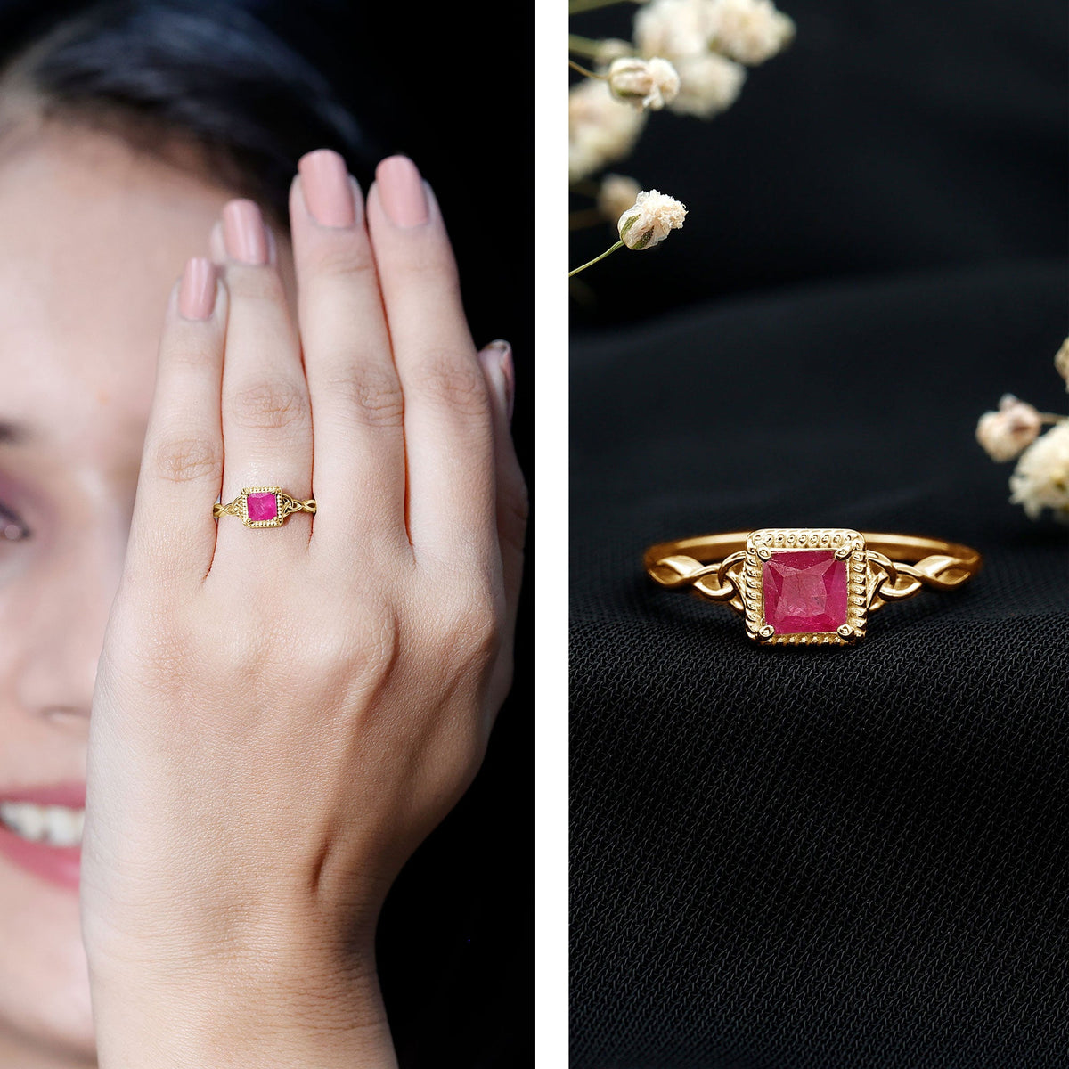 Natural 0.8 carat princess cut ruby promise ring with Celtic knot design by Rosec Jewels, showing the detailed ring and gemstone.