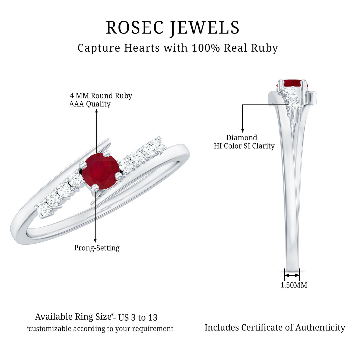 Natural Ruby Promise Ring with Diamond Bypass Shank