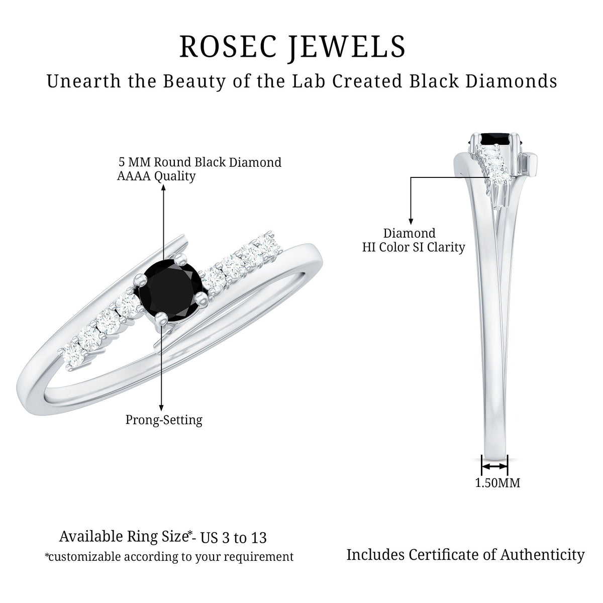 Certified Lab Grown Black and White Diamond Promise Ring with Bypass Shank