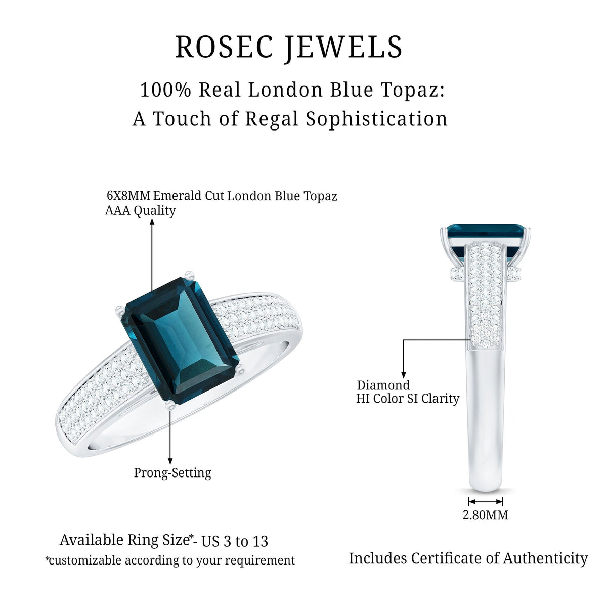 6x8mm emerald cut London Blue Topaz side stone engagement ring with sparkling diamonds, crafted by Rosec Jewels.