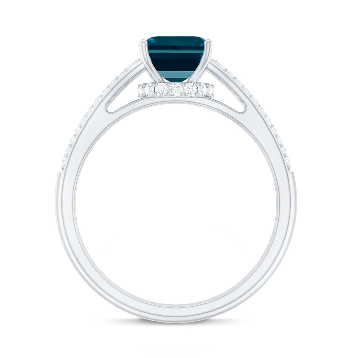 Rosec Jewels 6x8mm London Blue Topaz side stone engagement ring with diamond accents, showcasing the elegant design and sparkling gemstones.