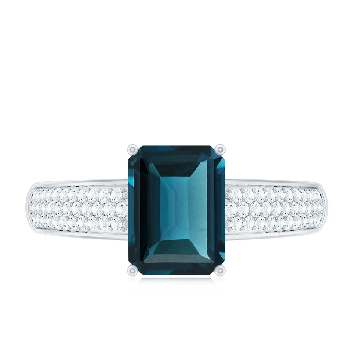 Rosec Jewels 6x8mm London Blue Topaz side stone engagement ring with diamond accents, showcasing elegant gemstone and ring setting.