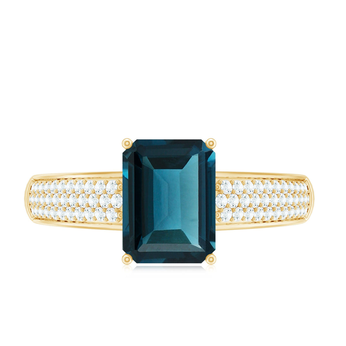 Rosec Jewels 6x8mm London Blue Topaz side stone engagement ring with diamonds, showcasing a stunning emerald cut gemstone and elegant design.