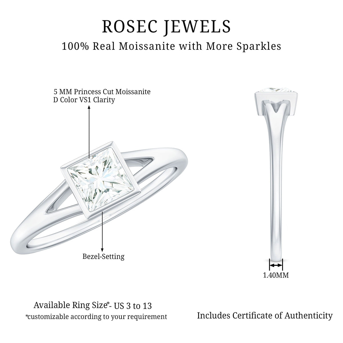 Bezel Set Princess Cut Moissanite Solitaire Promise Ring in Split Shank