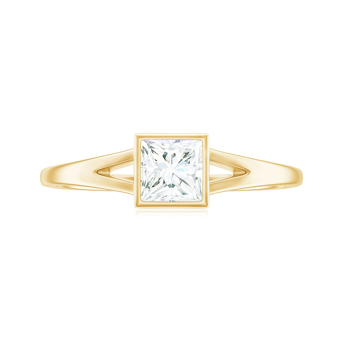 Bezel Set Princess Cut Moissanite Solitaire Promise Ring in Split Shank