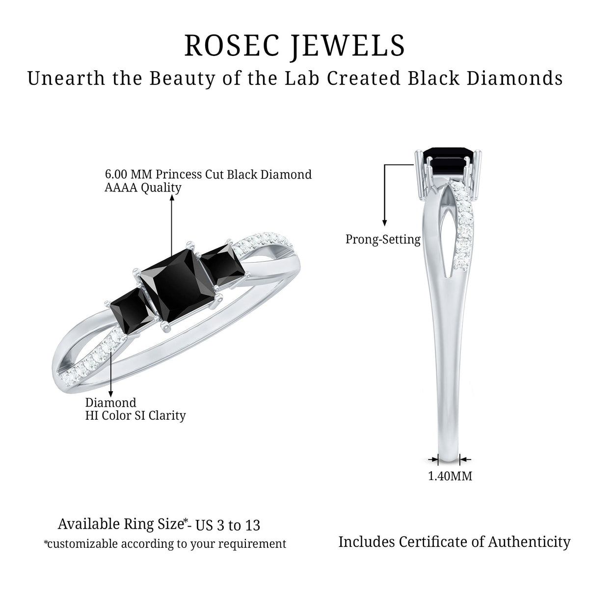 Certified Lab Grown Black Diamond 3 Stone Engagement Ring with White Diamond