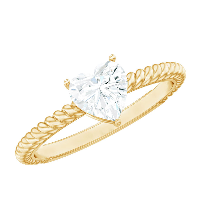 Moissanite solitaire promise ring with twisted rope band by Rosec Jewels, showcasing a sparkling central gemstone and intricate band detail.
