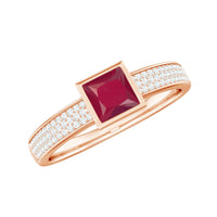 Natural 0.8 carat ruby princess cut engagement ring with diamonds from Rosec Jewels, showcasing the elegant design and sparkling stones.
